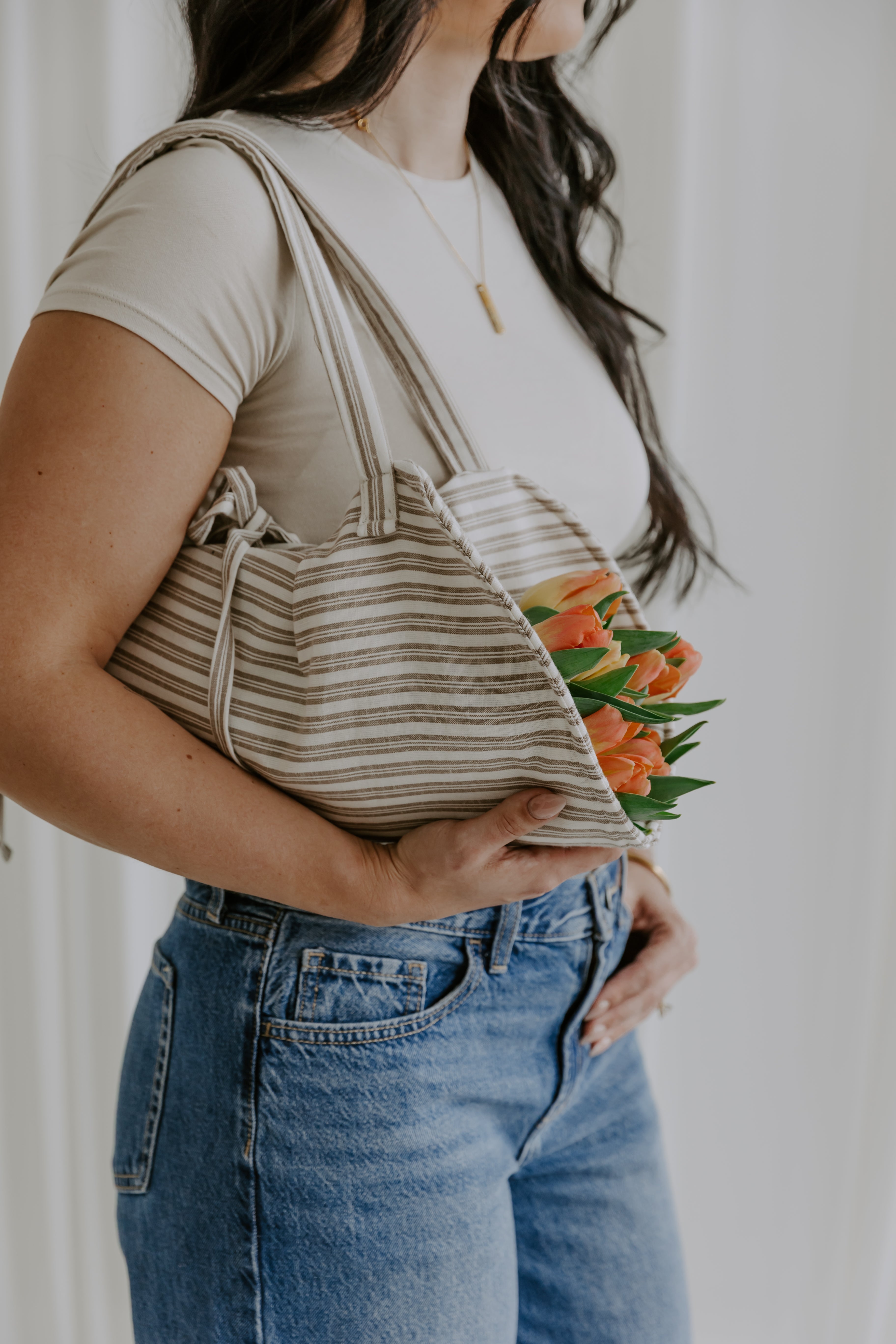Class Linen Stripe Flower Tote